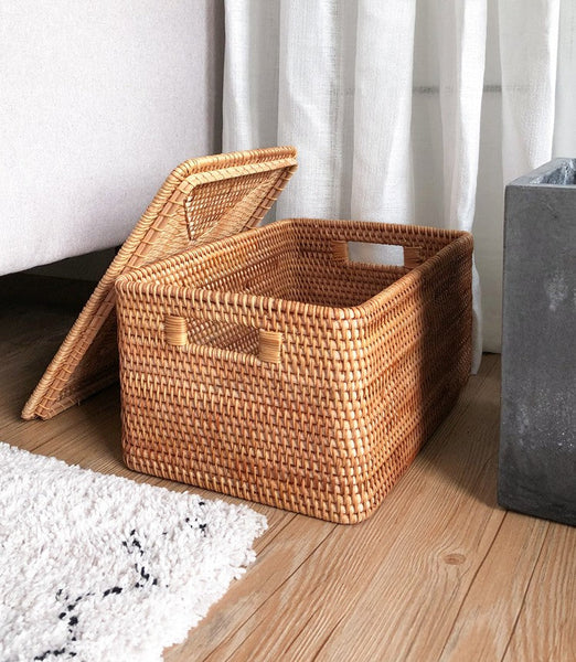 Extra Large Storage Baskets for Shelves, Wicker Rectangular Storage Baskets for Living Room, Rattan Storage Basket with Lid, Storage Baskets for Clothes-HomePaintingDecor