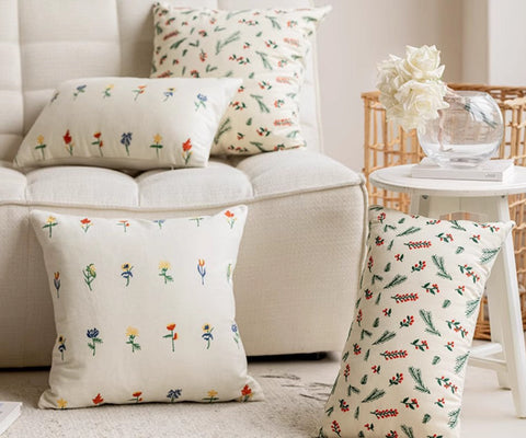 Decorative Pillows for Couch, Farmhouse Decorative Pillows for Sofa, Embroider Flower Cotton Pillow Covers, Spring Flower Decorative Pillows for Bedroom-HomePaintingDecor