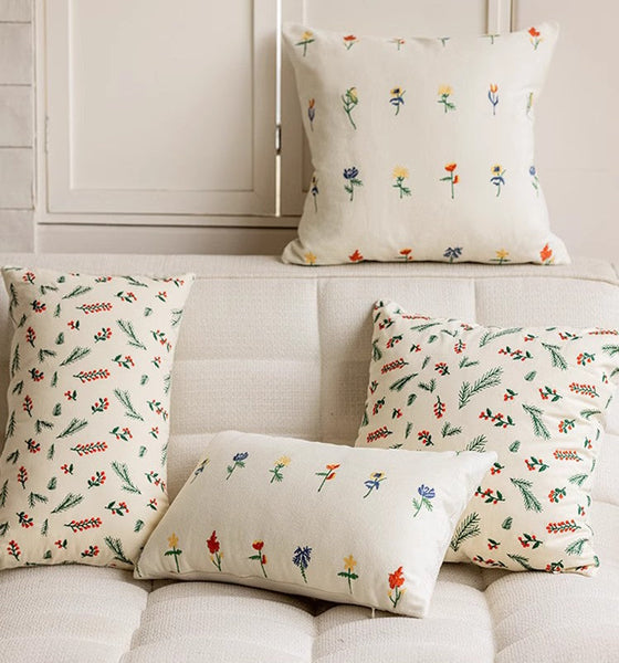 Embroider Flower Cotton Pillow Covers, Spring Flower Decorative Pillows for Bedroom, Decorative Pillows for Couch, Farmhouse Decorative Pillows for Sofa-HomePaintingDecor