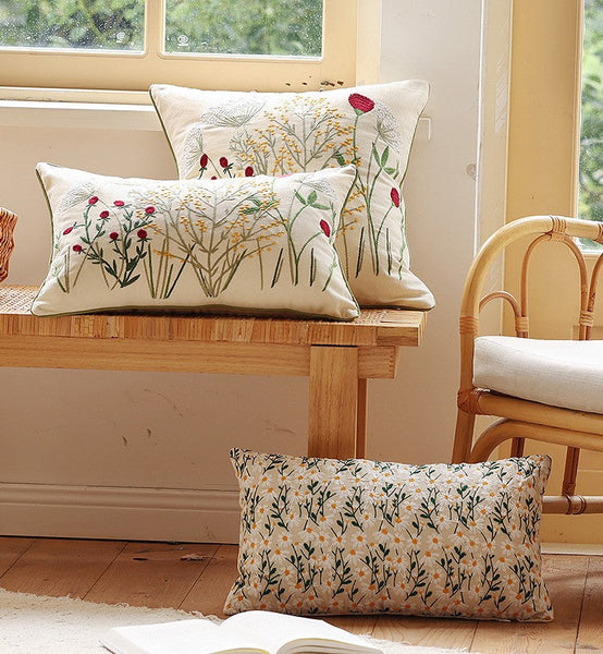 Farmhouse Decorative Pillows for Sofa, Embroider Flower Cotton Pillow Covers, Spring Flower Decorative Pillows for Bedroom, Decorative Pillows for Couch-HomePaintingDecor