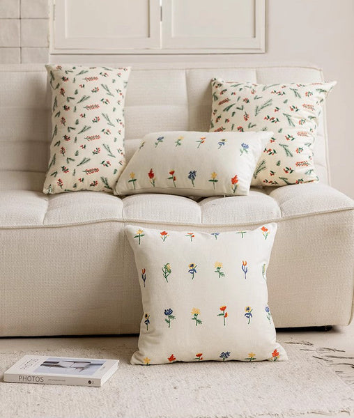 Embroider Flower Cotton Pillow Covers, Spring Flower Decorative Pillows for Bedroom, Decorative Pillows for Couch, Farmhouse Decorative Pillows for Sofa-HomePaintingDecor