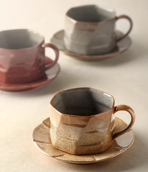 Modern Handmade Pottery Coffee Cup, Creative Ceramic Coffee Cup with Saucer, Unique Tea Cup and Saucer, Tea Cup Set for Afternoon Tea-HomePaintingDecor