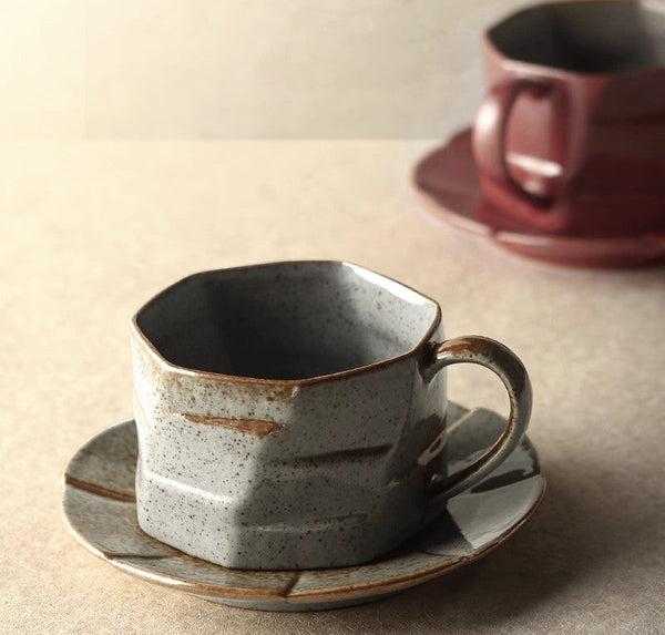 Modern Handmade Pottery Coffee Cup, Creative Ceramic Coffee Cup with Saucer, Unique Tea Cup and Saucer, Tea Cup Set for Afternoon Tea-HomePaintingDecor