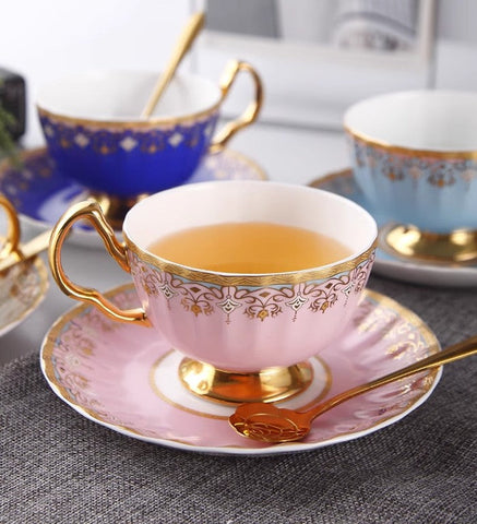 Unique British Tea Cup and Saucer in Gift Box, Pink Blue White Bone China Porcelain Tea Cup Set, Elegant British Ceramic Coffee Cups for Afternoon Tea-HomePaintingDecor