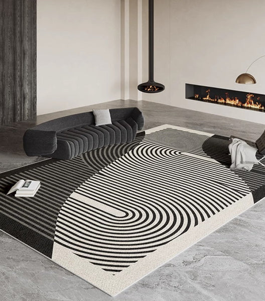 Geometric Contemporary Rugs Next to Bed, Black Stripe Contemporary Modern Rugs, Modern Rugs for Living Room, Modern Rugs for Dining Room-HomePaintingDecor