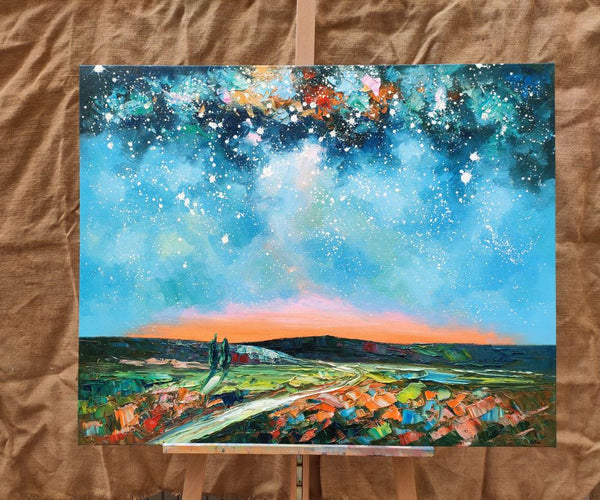 Landscape Painting on Canvas, Starry Night Sky Painting, Original Landscape Painting, Custom Canvas Painting for Dining Room-HomePaintingDecor