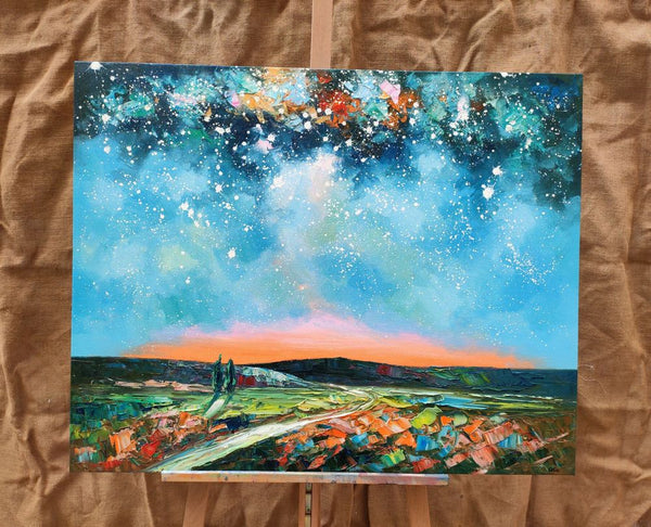 Landscape Painting on Canvas, Starry Night Sky Painting, Original Landscape Painting, Custom Canvas Painting for Dining Room-HomePaintingDecor