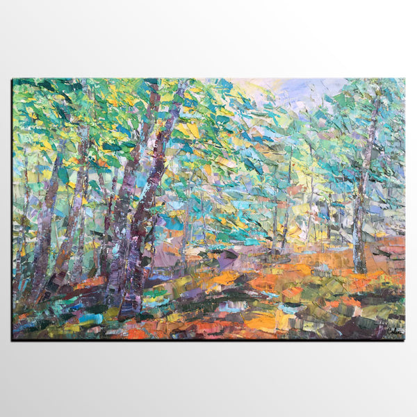 Autumn Forest Tree Painting, Landscape Canvas Painting, Impasto Paintings, Custom Large Painting for Bedroom, Original Landscape Painting-HomePaintingDecor