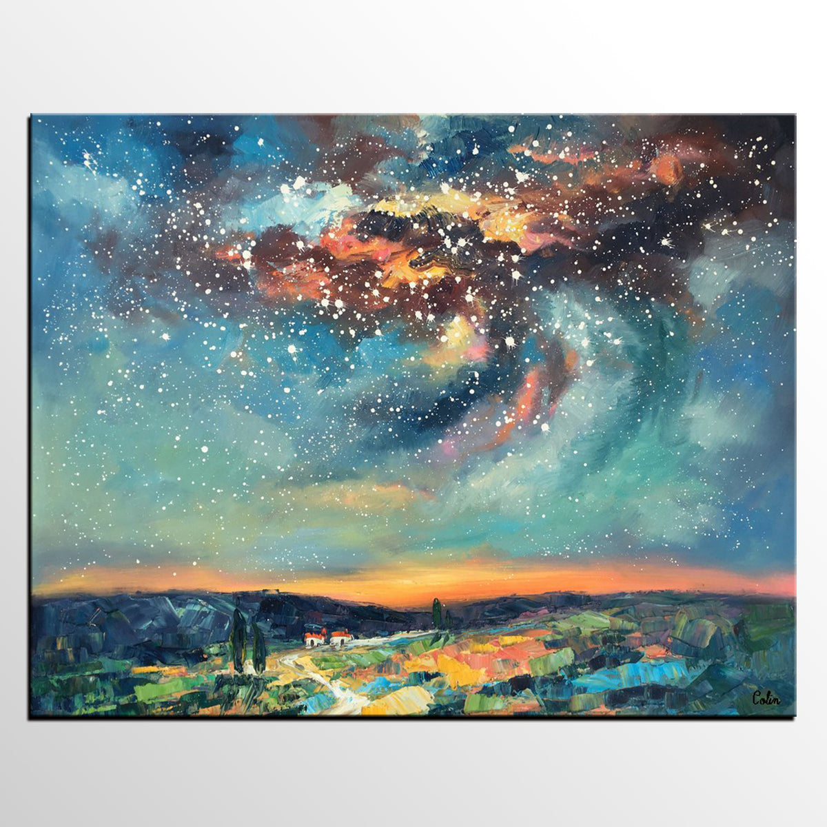 Landscape Painting, Custom Large Canvas Wall Art, Starry Night Sky Canvas Painting, Heavy Texture Wall Art-HomePaintingDecor