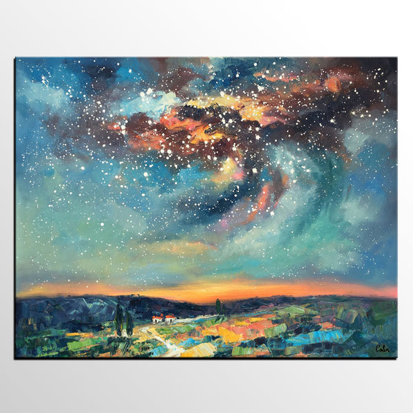 Landscape Painting, Custom Large Canvas Wall Art, Starry Night Sky Canvas Painting, Heavy Texture Wall Art-HomePaintingDecor