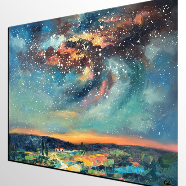 Landscape Painting, Custom Large Canvas Wall Art, Starry Night Sky Canvas Painting, Heavy Texture Wall Art-HomePaintingDecor