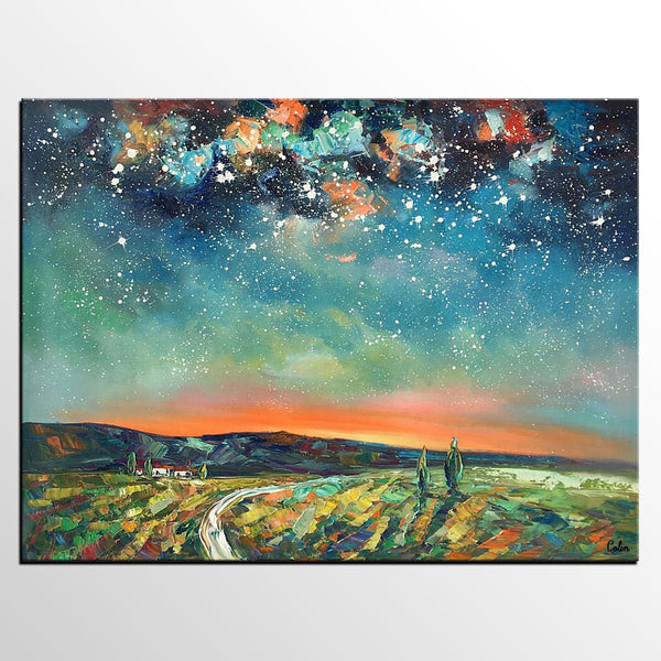 Abstract Landscape Oil Painting, Starry Night Sky Painting, Custom Large Canvas Painting, Heavy Texture Painting-HomePaintingDecor