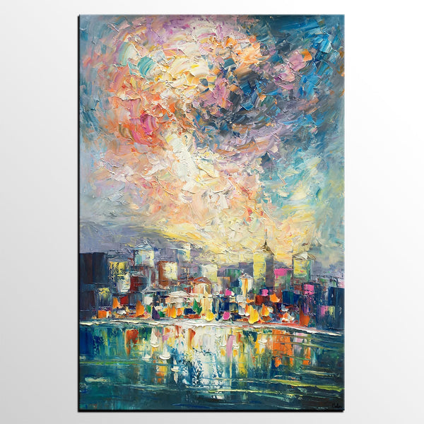 Abstract Landscape Painting, Heavy Texture Wall Art Paintings, Custom Original Paintings on Canvas, Cityscape Painting-HomePaintingDecor