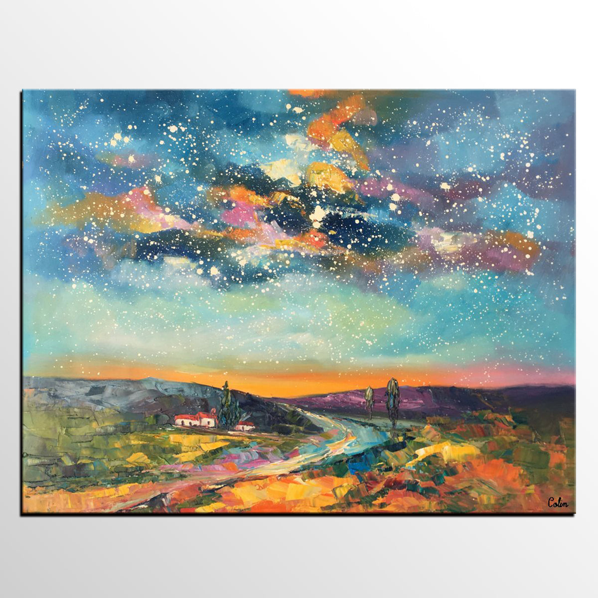 Custom Large Landscape Painting, Starry Night Sky Painting, Living Room Wall Art, Canvas Painting, Impasto Art, Oil Painting-HomePaintingDecor