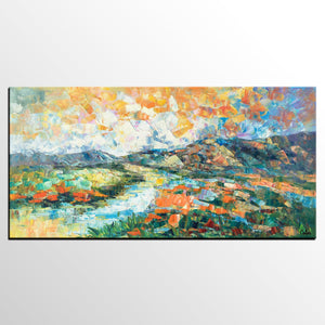 Custom Extra Large Art, Canvas Artwork, Original Artwork, Mountain and River Landscape Painting-HomePaintingDecor