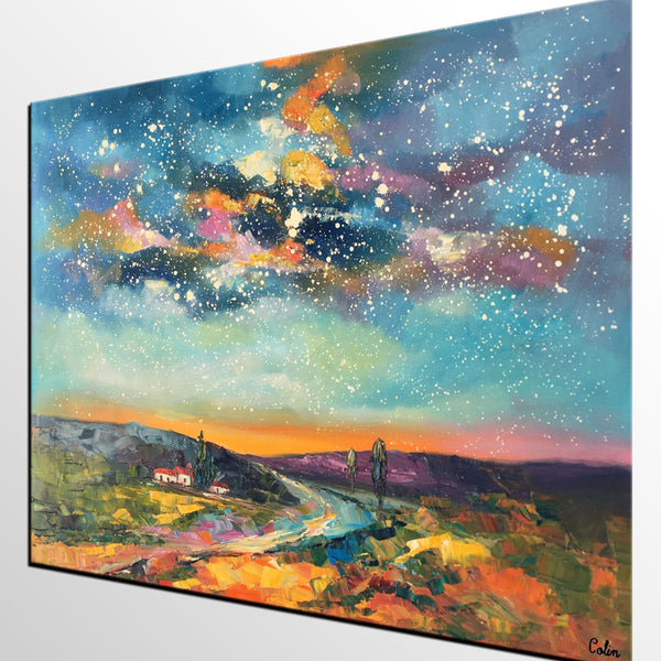 Custom Large Landscape Painting, Starry Night Sky Painting, Living Room Wall Art, Canvas Painting, Impasto Art, Oil Painting-HomePaintingDecor