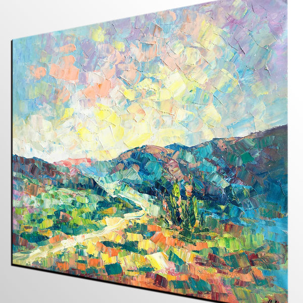 Canvas Painting, Heavy Texture Artwork, Spring Mountain Painting, Custom Landscape Oil Painting-HomePaintingDecor