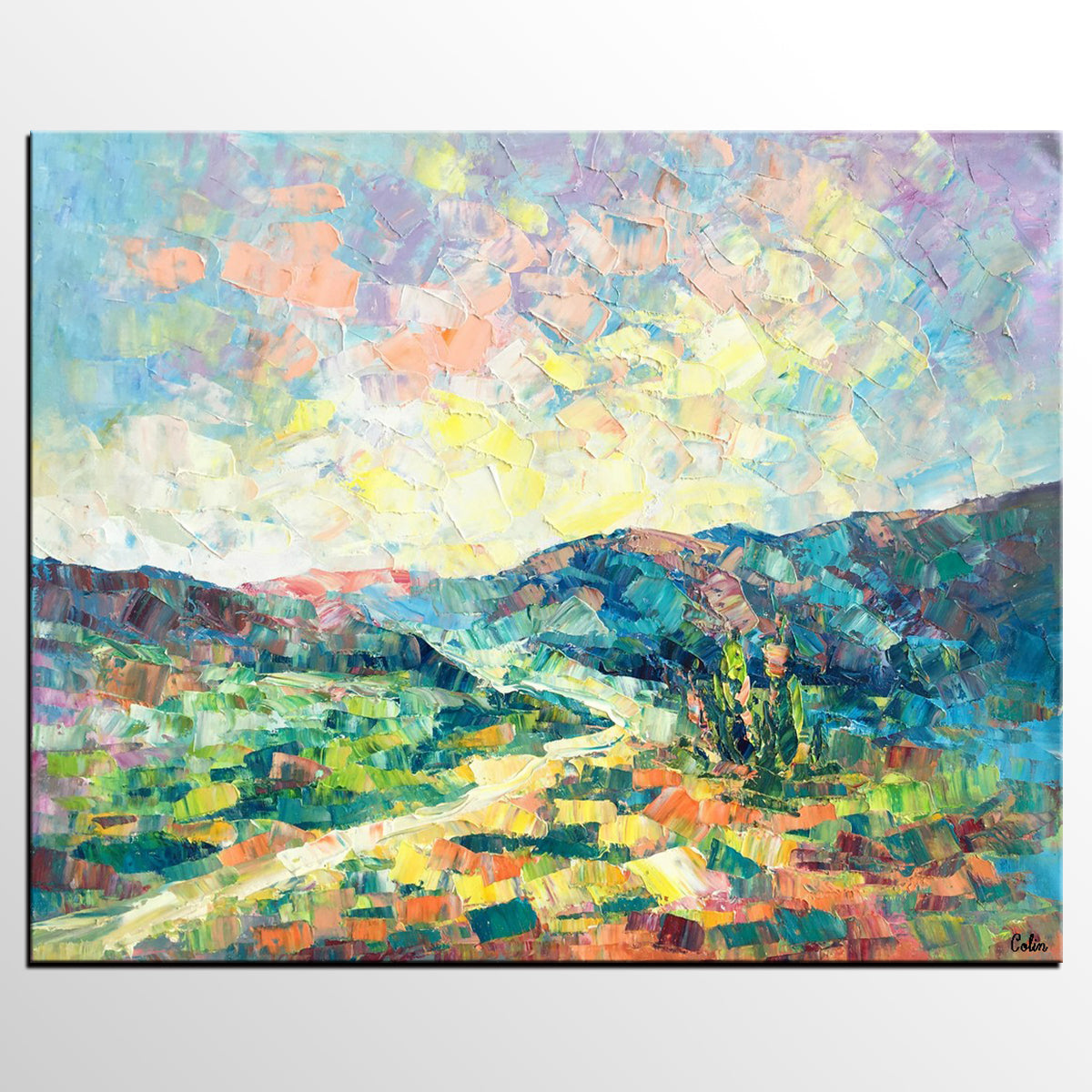 Canvas Painting, Heavy Texture Artwork, Spring Mountain Painting, Custom Landscape Oil Painting-HomePaintingDecor