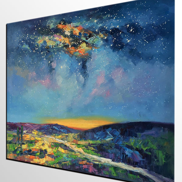 Bedroom Art, Abstract Painting, Starry Night Sky, Landscape Painting, Custom Large Art-HomePaintingDecor