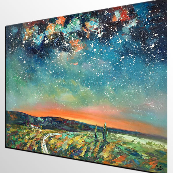 Abstract Landscape Oil Painting, Starry Night Sky Painting, Custom Large Canvas Painting, Heavy Texture Painting-HomePaintingDecor