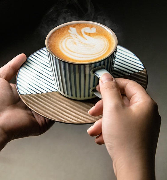 Coffee Cup and Saucer Set, Pottery Coffee Cups, Cappuccino Coffee Mug, Ceramic Coffee Cups, Coffee Cup for Sale, Tea Cup, White / Green / Blue / Yellow-HomePaintingDecor