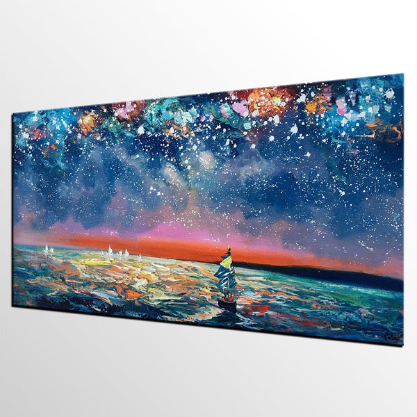 Canvas Wall Art, Sail Boad under Starry Night Painting, Seascape Painting, Custom Large Canvas Wall Art, Original Artwork-HomePaintingDecor