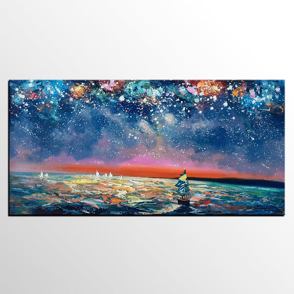 Canvas Wall Art, Sail Boad under Starry Night Painting, Seascape Painting, Custom Large Canvas Wall Art, Original Artwork-HomePaintingDecor