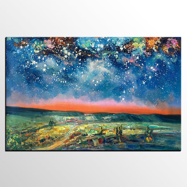 Landacape Canvas Painting, Starry Night Sky Painting, Original Landscape Painting, Heavy Texture Art Painting, Palette Knife Painting-HomePaintingDecor