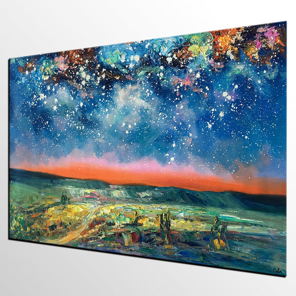 Landacape Canvas Painting, Starry Night Sky Painting, Original Landscape Painting, Heavy Texture Art Painting, Palette Knife Painting-HomePaintingDecor