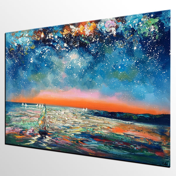 Canvas Painting Landscape, Oil Painting on Canvas, Sail Boat under Starry Night Sky Painting, Custom Art, Landscape Painting for Living Room-HomePaintingDecor