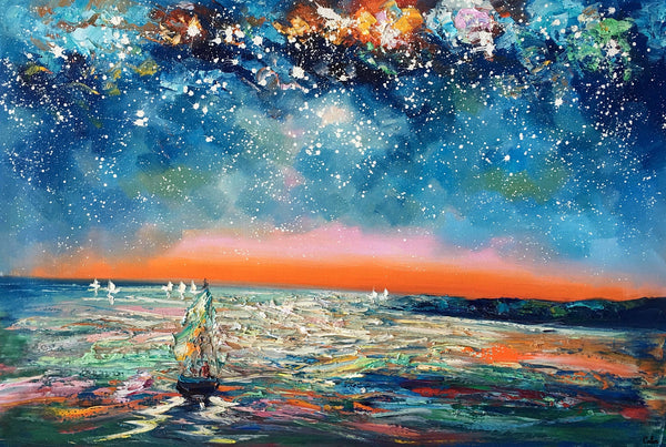 Canvas Painting Landscape, Oil Painting on Canvas, Sail Boat under Starry Night Sky Painting, Custom Art, Landscape Painting for Living Room-HomePaintingDecor