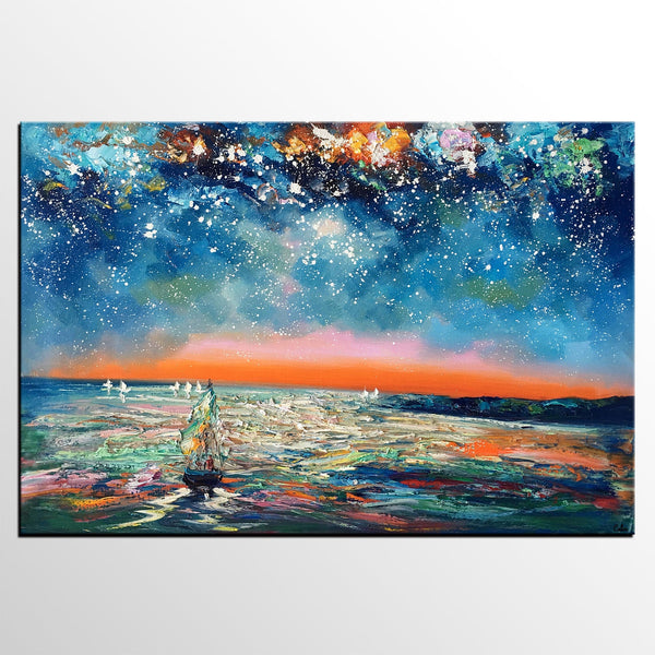 Canvas Painting Landscape, Oil Painting on Canvas, Sail Boat under Starry Night Sky Painting, Custom Art, Landscape Painting for Living Room-HomePaintingDecor