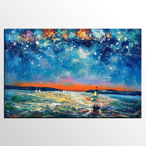 Large Canvas Art Painting, Sail Boat under Starry Night Painting, Custom Large Oil Painting-HomePaintingDecor