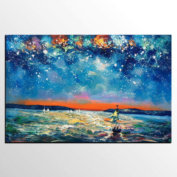 Large Canvas Art Painting, Sail Boat under Starry Night Painting, Custom Large Oil Painting-HomePaintingDecor