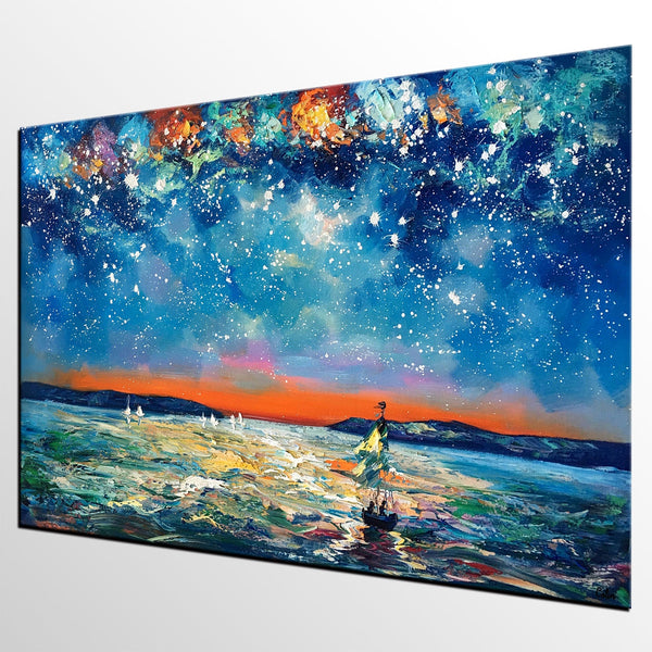 Large Canvas Art Painting, Sail Boat under Starry Night Painting, Custom Large Oil Painting-HomePaintingDecor