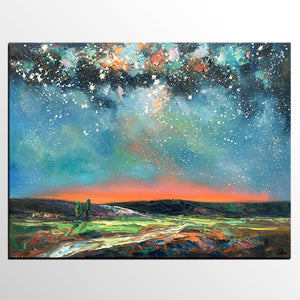 Landscape Canvas Painting, Starry Night Sky Painting, Hand Painted Canvas Art Painting, Landscape Painting for Bedroom, Custom Canvas Painting for Sale-HomePaintingDecor