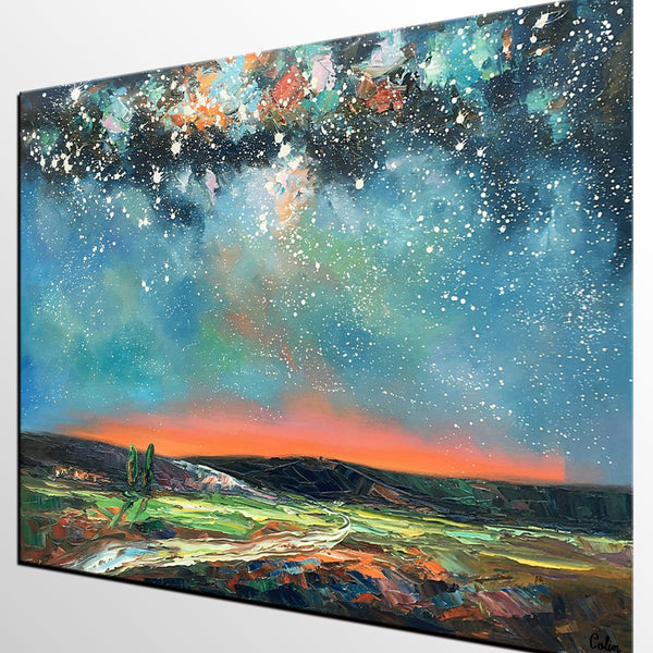 Landscape Canvas Painting, Starry Night Sky Painting, Hand Painted Canvas Art Painting, Landscape Painting for Bedroom, Custom Canvas Painting for Sale-HomePaintingDecor