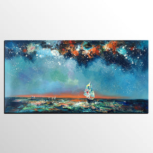 Custom Extra Large Wall Art, Office Painting, Sail Boat under Starry Night Painting, Seascape Painting, Original Artwork-HomePaintingDecor