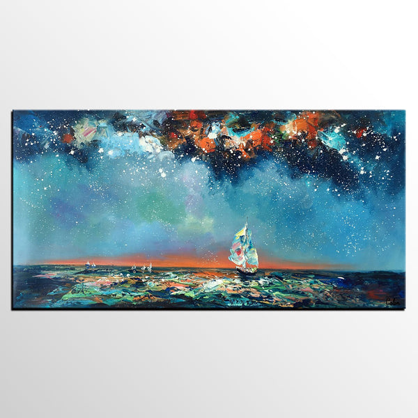 Custom Extra Large Wall Art, Office Painting, Sail Boat under Starry Night Painting, Seascape Painting, Original Artwork-HomePaintingDecor