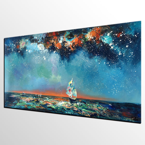 Custom Extra Large Wall Art, Office Painting, Sail Boat under Starry Night Painting, Seascape Painting, Original Artwork-HomePaintingDecor