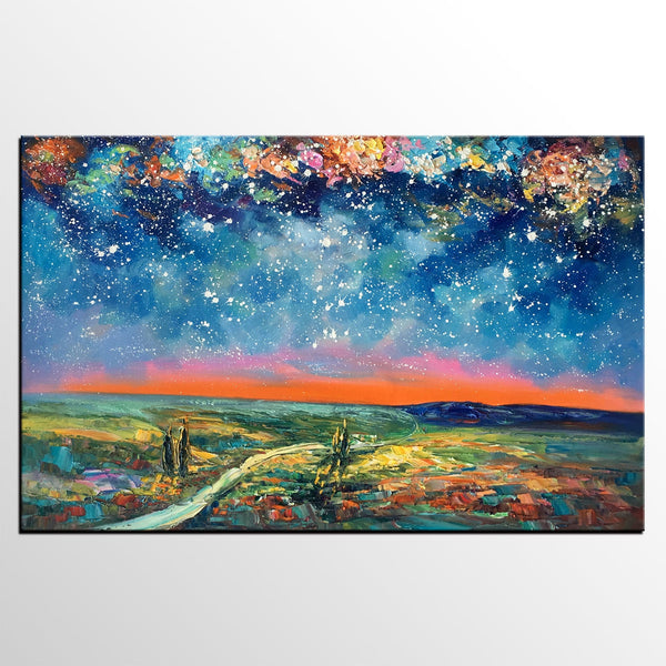 Large Canvas Art Painting, Starry Night Landscape Painting, Custom Large Oil Painting-HomePaintingDecor