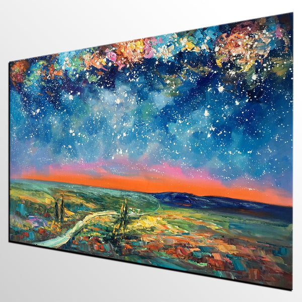 Large Canvas Art Painting, Starry Night Landscape Painting, Custom Large Oil Painting-HomePaintingDecor