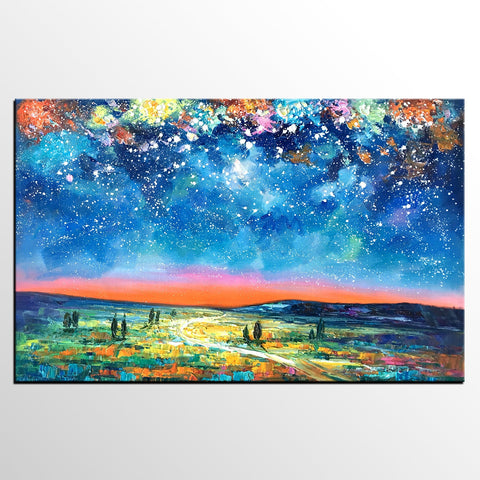 Landscape Oil Paintings, Starry Night Sky Painting, Custom Artwork, Heavy Texture Oil Painting, Landscape Painting for Living Room-HomePaintingDecor