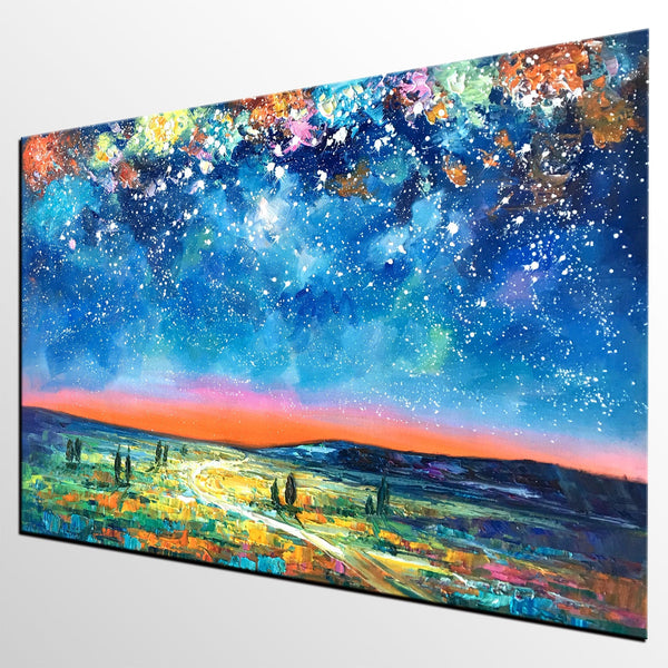 Landscape Oil Paintings, Starry Night Sky Painting, Custom Artwork, Heavy Texture Oil Painting, Landscape Painting for Living Room-HomePaintingDecor