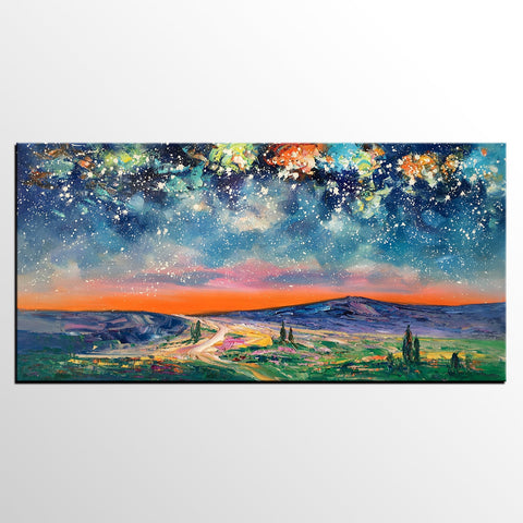 Landscape Oil Painting, Starry Night Sky Painting, Bedroom Wall Art Paintings, Custom Original Painting on Canvas-HomePaintingDecor