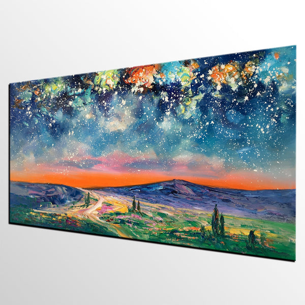 Landscape Oil Painting, Starry Night Sky Painting, Bedroom Wall Art Paintings, Custom Original Painting on Canvas-HomePaintingDecor