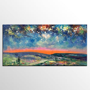 Starry Night Sky Painting, Custom Extra Large Painting, Original Landscape Painting, Canvas Painting for Dining Room-HomePaintingDecor