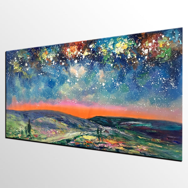 Starry Night Sky Painting, Custom Extra Large Painting, Original Landscape Painting, Canvas Painting for Dining Room-HomePaintingDecor