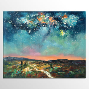 Heavy Texture Landscape Painting, Abstract Landscape Painting, Starry Night Sky, Custom Large Painting-HomePaintingDecor