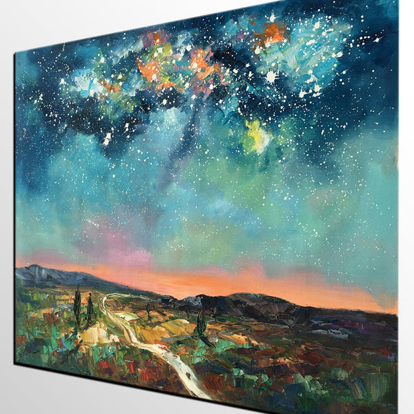 Heavy Texture Landscape Painting, Abstract Landscape Painting, Starry Night Sky, Custom Large Painting-HomePaintingDecor